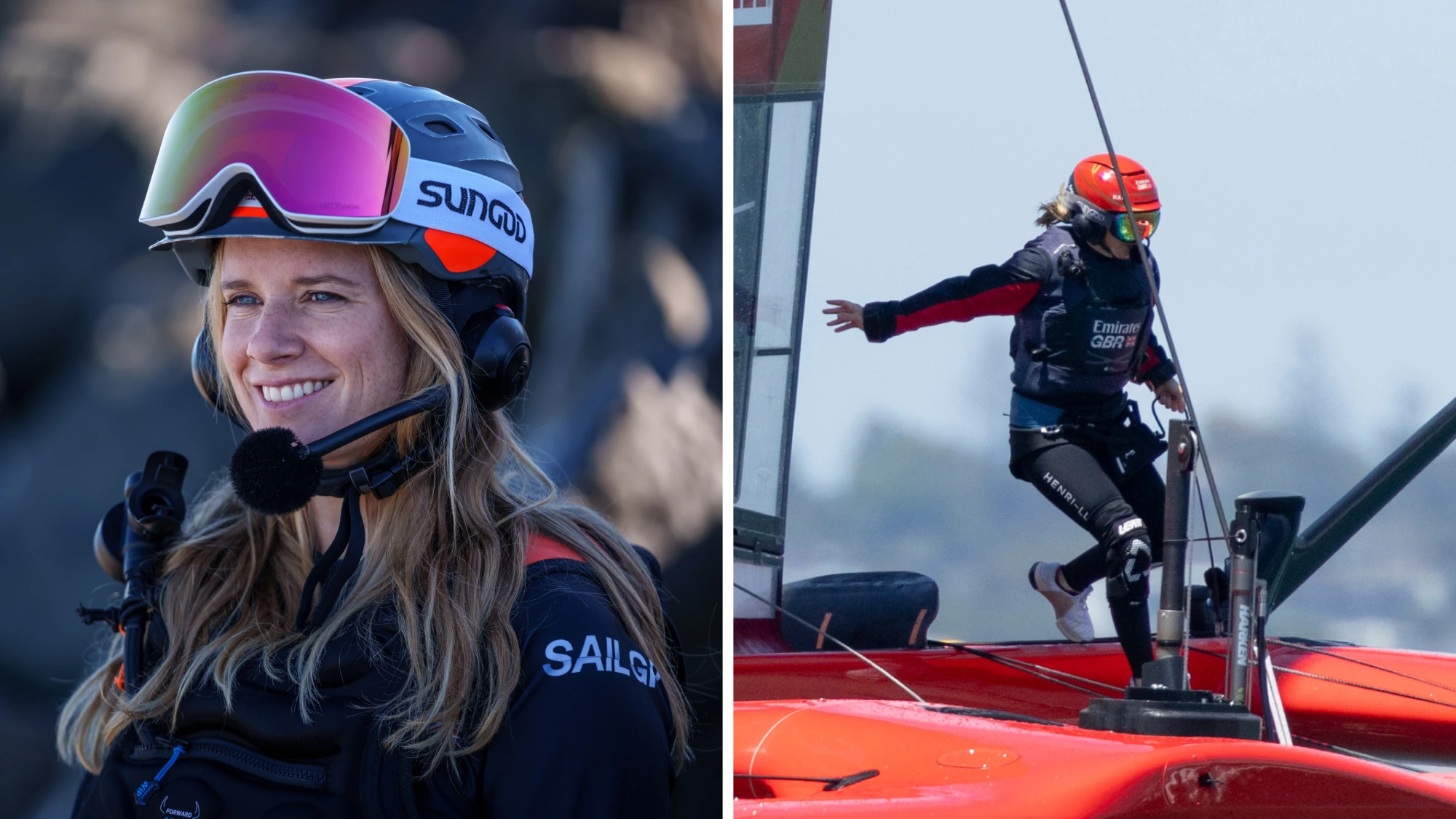 Hannah Mills - A woman in a helmet and sailing gear maneuvers on a red racing boat, showcasing her agility at an event.
