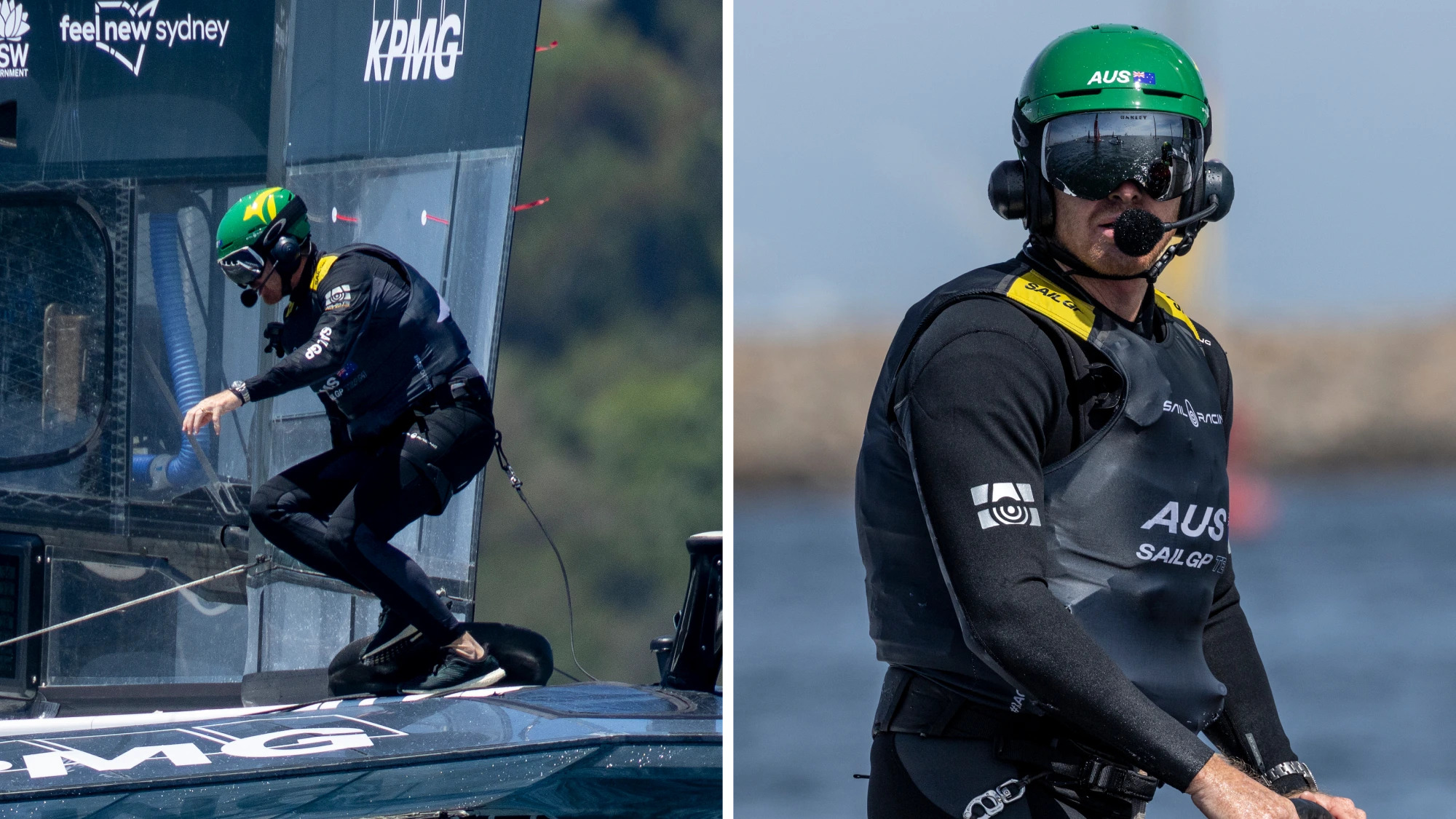 Tom Slingsby in a black wetsuit and green helmet maneuvers on a sleek racing boat, showcasing athletic skill in water sports.